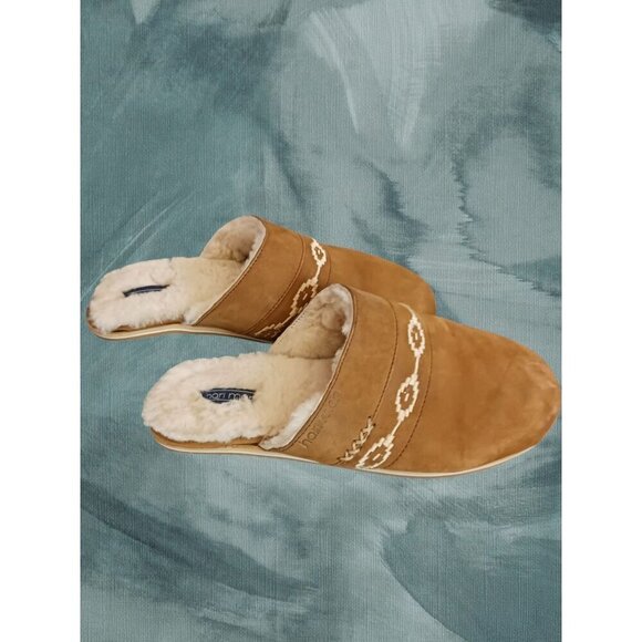 Hari Mari Shearling Lined Suede Slippers In Tan color With Embroidered Details S - Picture 6 of 10